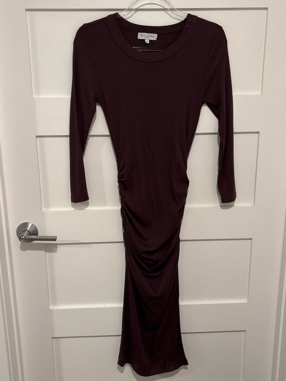 Cotton Michael Stars Long-Sleeve Ruched Maxi Dress in Deep Plum